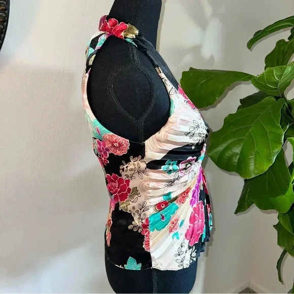 Joseph Ribkoff Trends Women’s Oriental Print Pleated Lined Halter V-Neck Top 8 - Picture 3 of 16